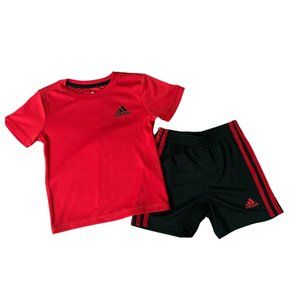 Red Adidas Boys Trefoil Shorts and Tee Shorts Leaves Set